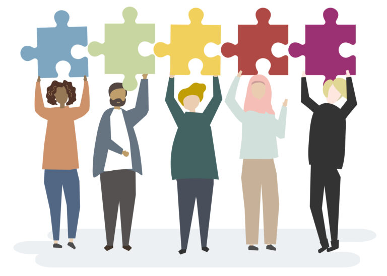 Family Engagement 3 - five multiethnic people holding up multi-colored puzzle pieces