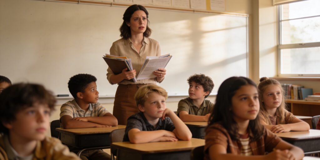 Fifth grade teacher standing at the front of a classroom