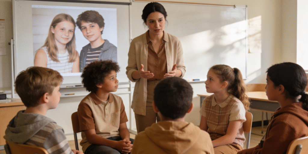 Upper elementary students in a respectful classroom discussion circle
